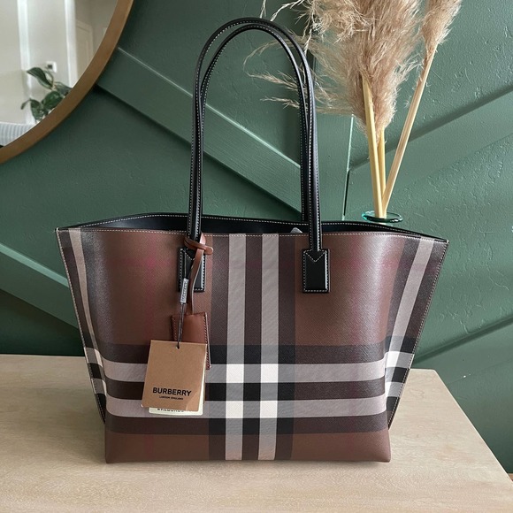 Burberry Handbags - NEW Burberry Check and Leather Medium Tote Dark Birch Brown